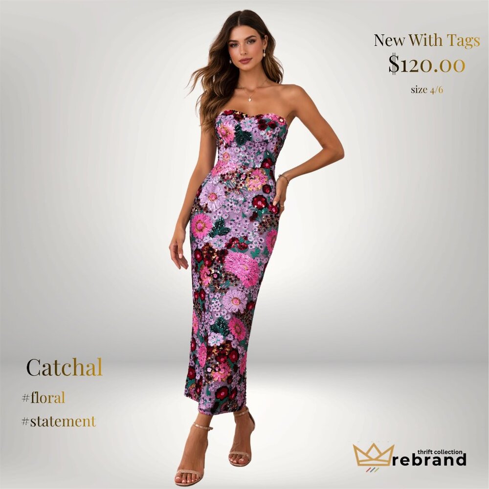 NWT CATCHALL Floral Sequin Strapless Maxi Dress